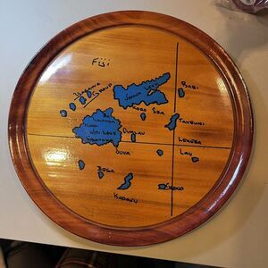 Fiji Treated Wood Carved Painted Map Scene Tropical Decor Plate